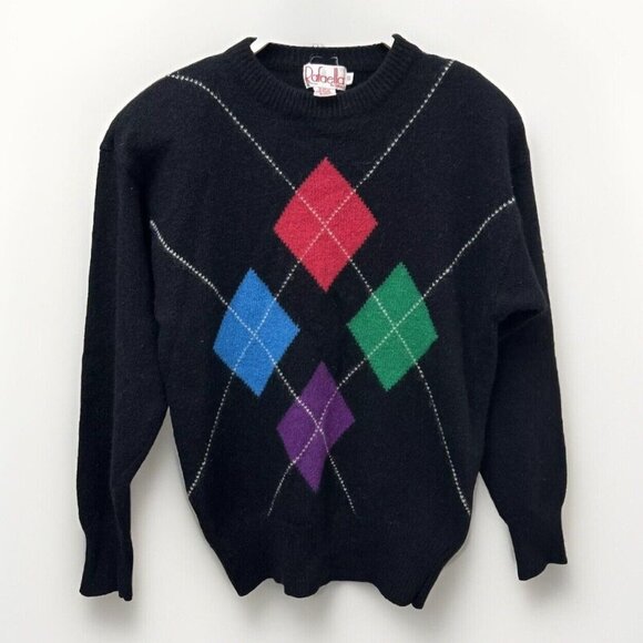 Vtg Rafaella Argyle Sweater S Black Colorful Diamonds Angora Blend 80s Twee - Picture 1 of 8
